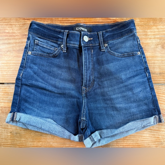 Express Womens Midi High Rise Denim Shorts Size 2 Stretch Blue Cuffed 5 Pockets - Picture 1 of 7